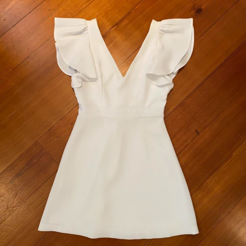 BCBGeneration ruffle sleeve low V neck white dress - graduation wedding cocktail